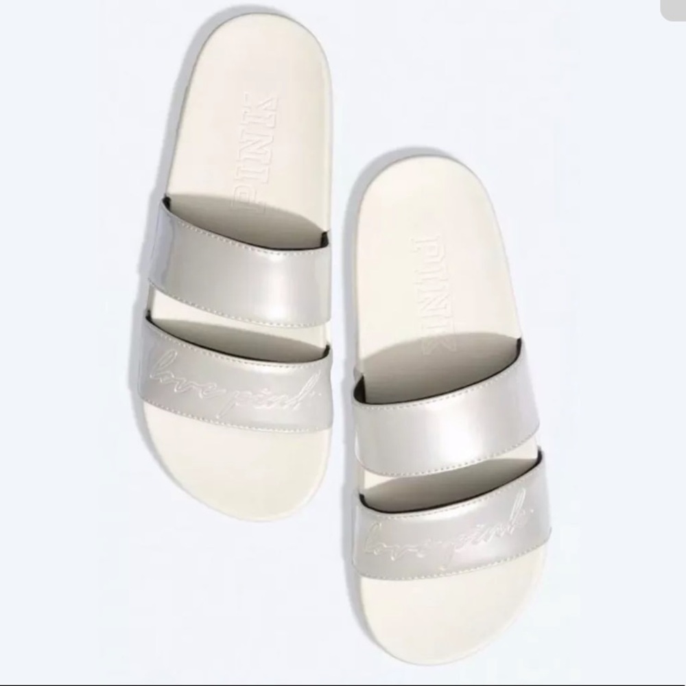 PINK VS white pearl slides sandals